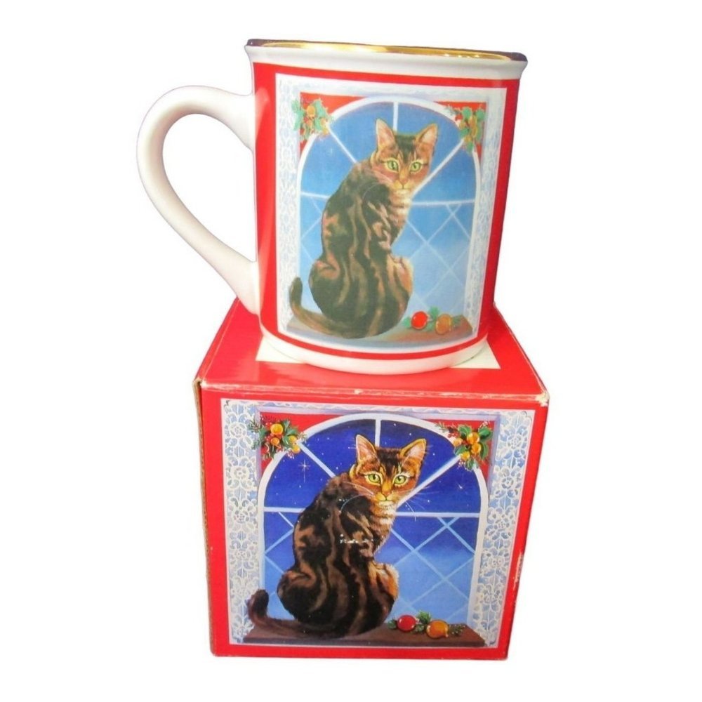 Tabby Cat At Starry Window Christmas Mug In Orginal Box Papel Freelance GUC